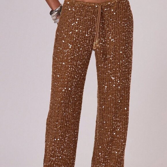 Rust Brown Women's Resort  Drawstring Waist Sequin Relaxed Wide Leg pants - Picture 4 of 8